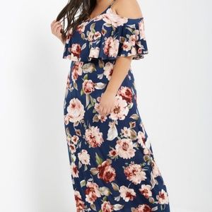 NWT Fall Floral Cold Shoulder Ruffle Maxi Dress